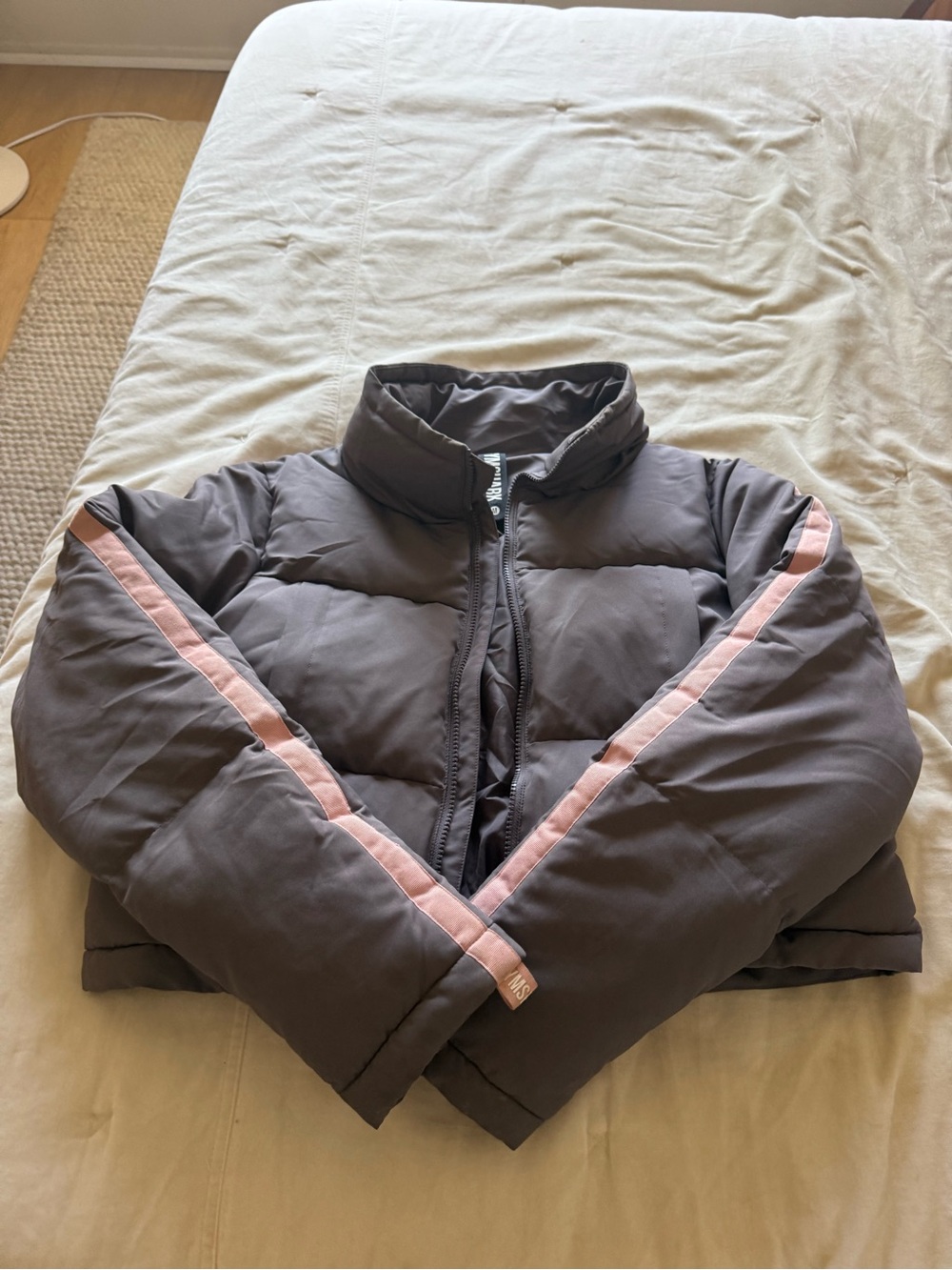 Gymshark Kids Charcoal Puffer Jacket with Pink Sleeve Stripes